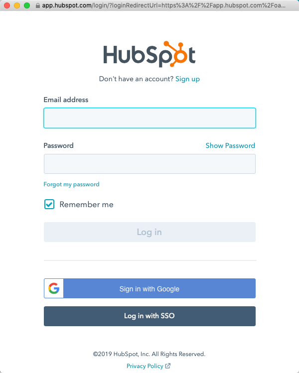 Inicio de sesión en HubSpot